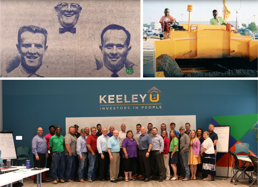 A group of people standing in front of a wall that says keely u