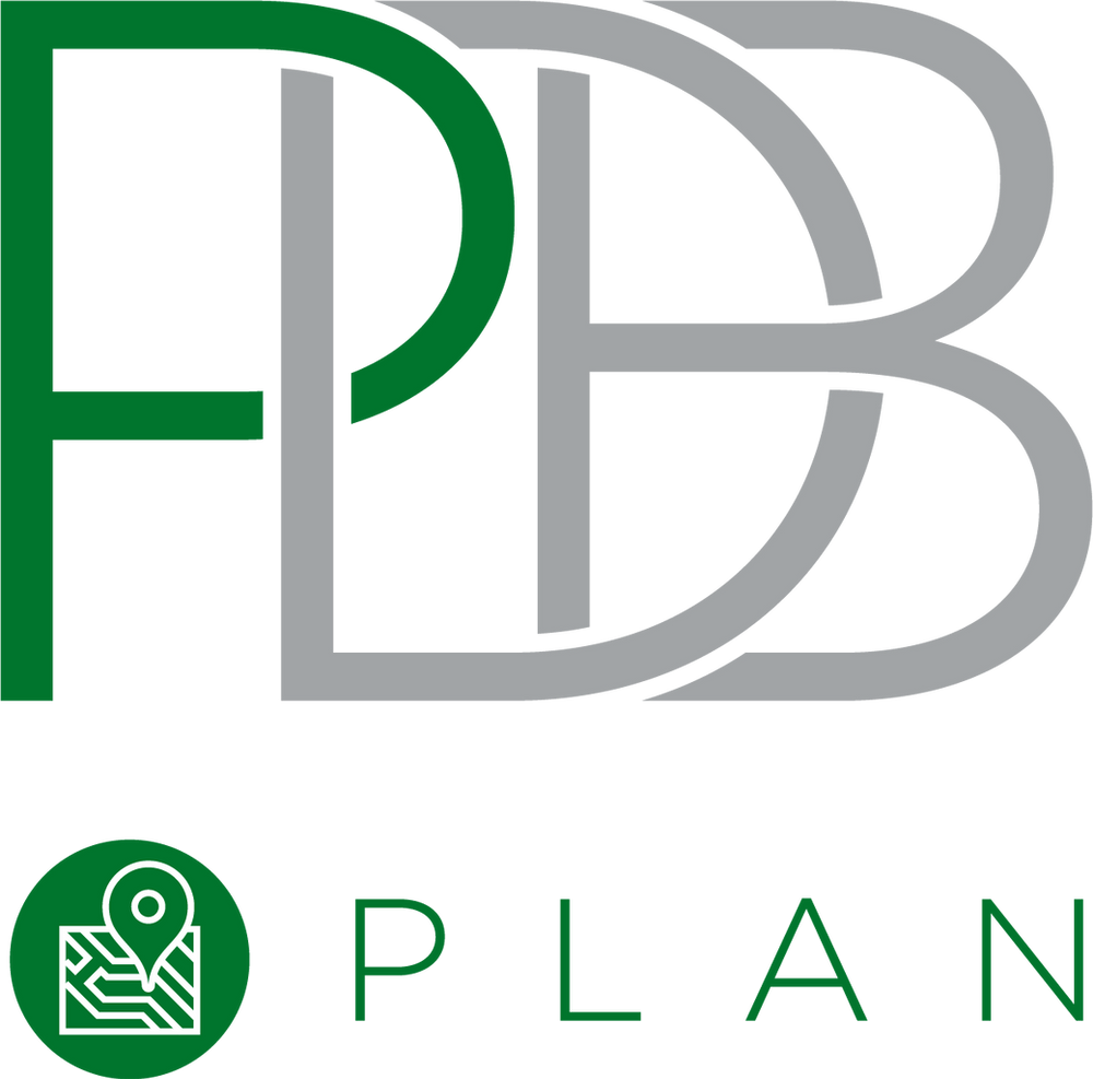 A green and gray logo for a company called pb plan.