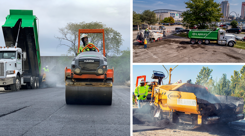 A collage of three pictures of a truck , a roller , and a bulldozer.