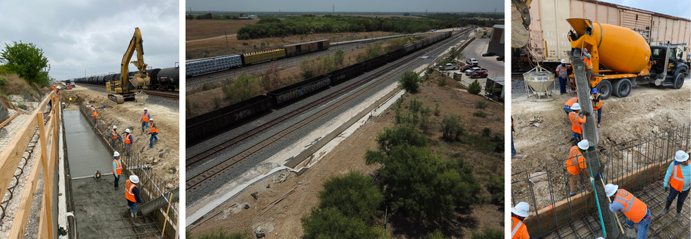 A collage of three pictures of a construction site with a train in the background.
