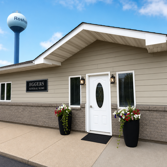 Gray building with a white door, windows, and