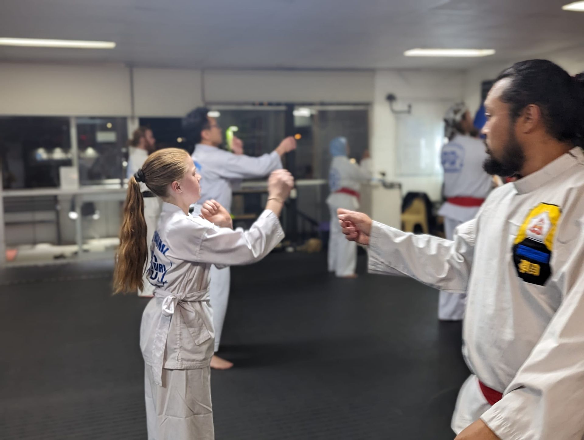 A group of people are practicing martial arts in a gym.