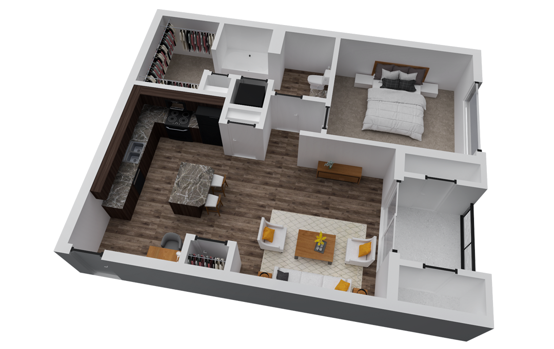 3D floor plan of an apartment with a kitchen, living area, bedroom, and balcony.