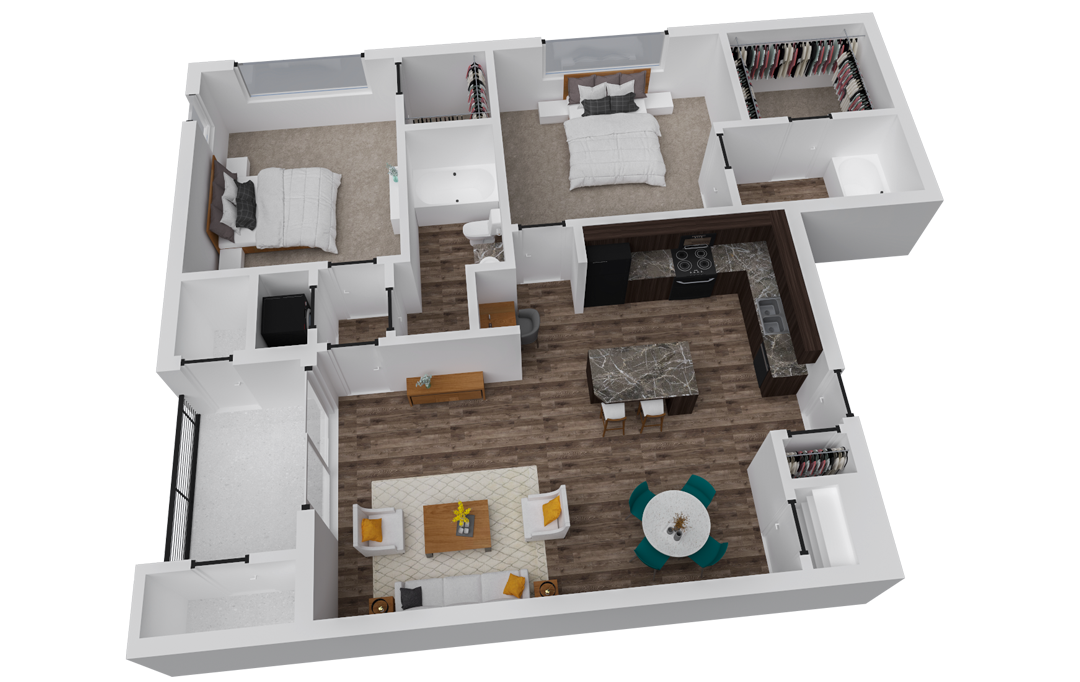 3D floor plan of an apartment with a kitchen, living area, and bedrooms.