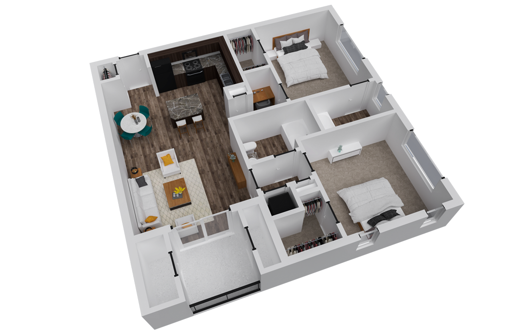Floor plan of a two-bedroom apartment with a kitchen, living area, and bathrooms.