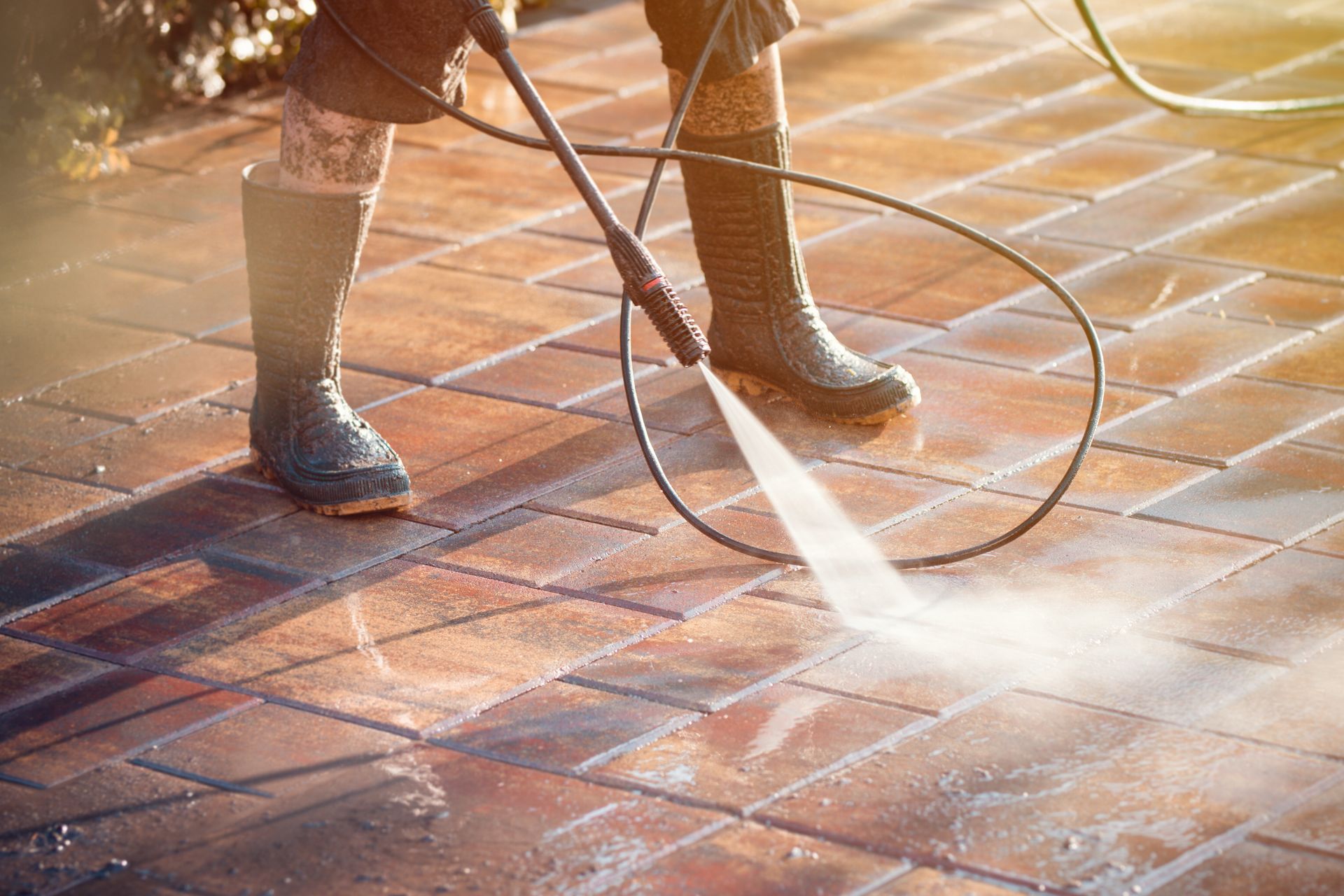 Person Pressure Washing Red Brick Patio — Tampa, FL — A&A's Complete Services, Inc.