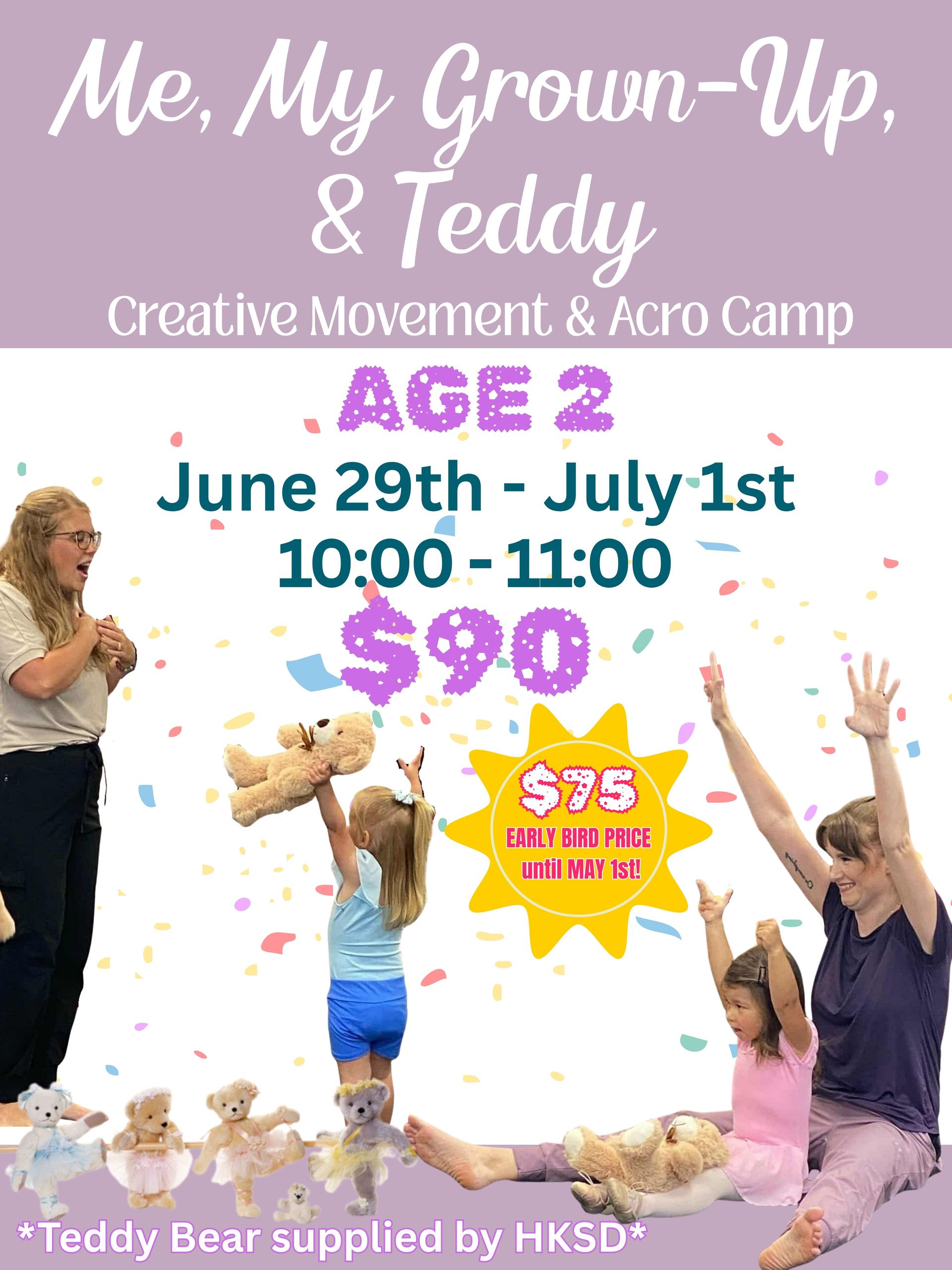 2 year old children bring their favorite grown-up with them to  Heidi Knight School of Dance to enjoy a teddy bear dance party in this 3 day creative movement and acro summer camp!