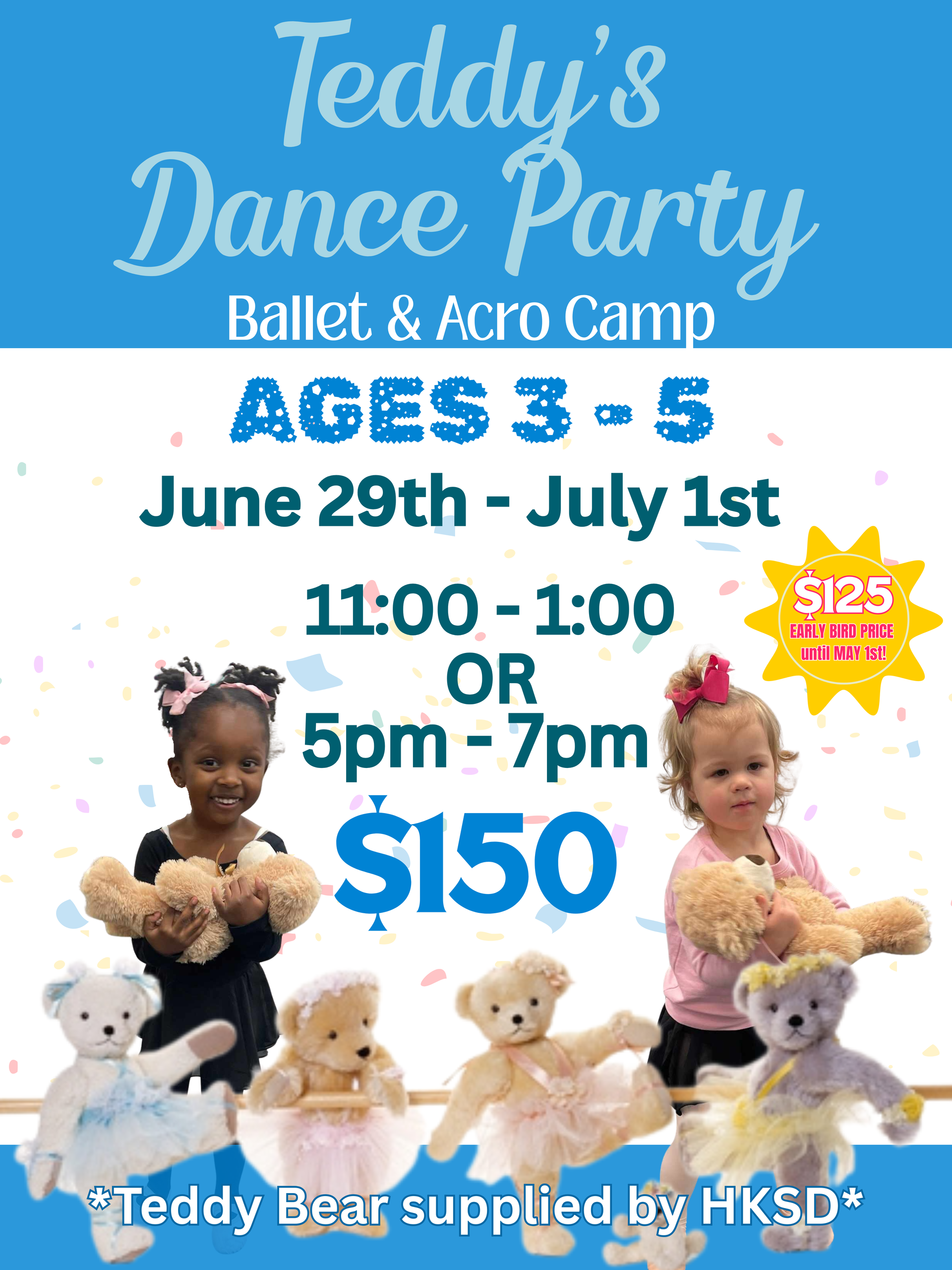 3 - 5 year old children dance with a HKSD provided teddy bear during this 3 day teddy bear dance party ballet and acro summer camp!