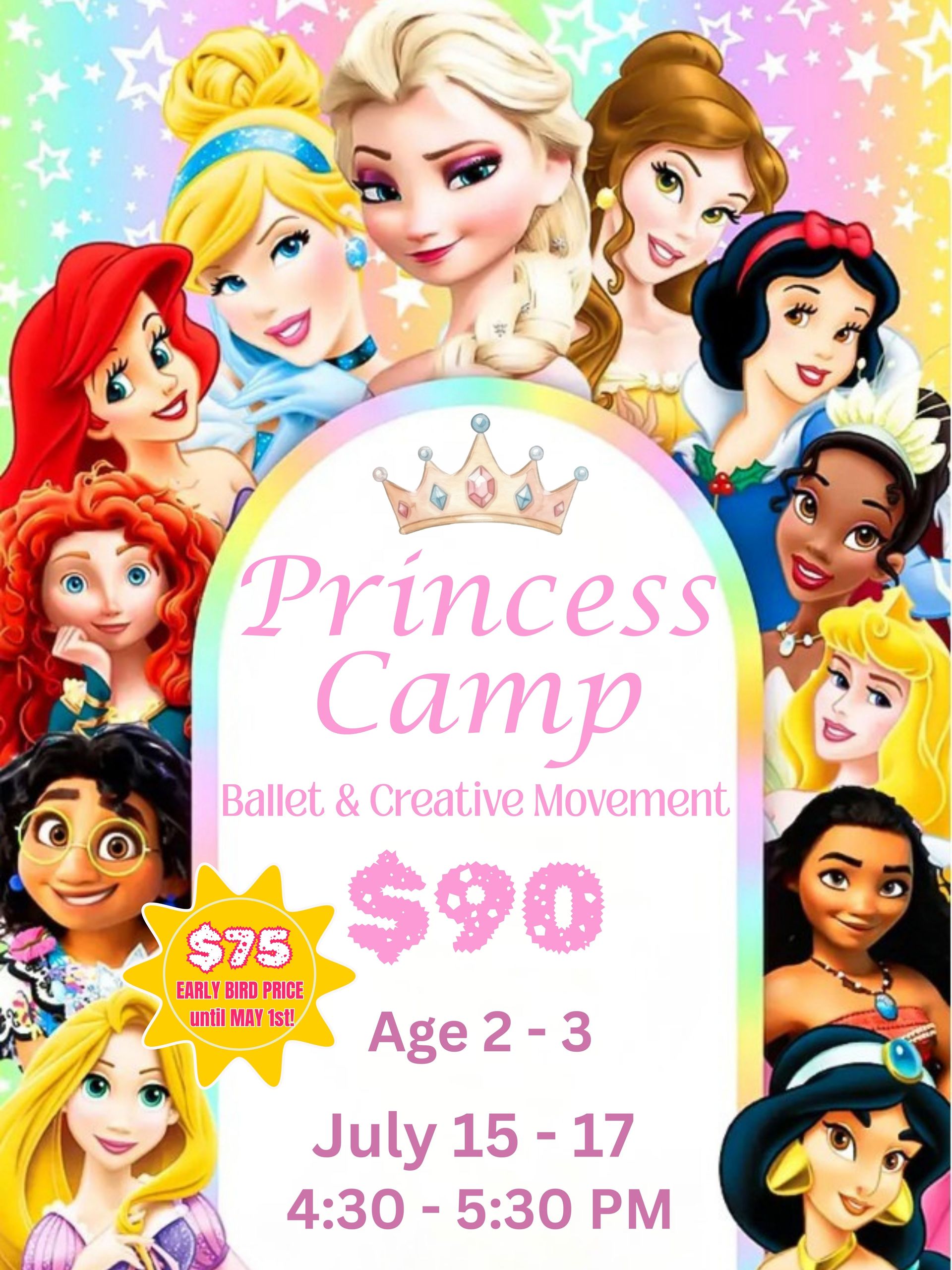 2 - 3 year old dancers explore ballet and creative movement in this 3 day Princess themed summer dance camp. Each day they will be have a different princess instructor! 