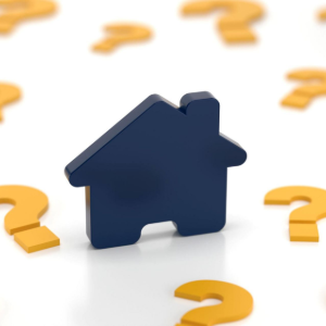 Dark blue house icon surrounded by yellow question marks on a white background