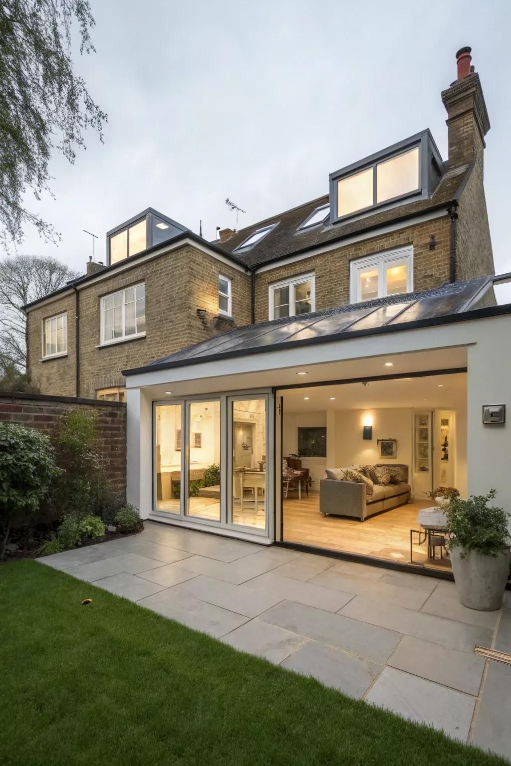 Modern brick house with lit glass extension, patio, and small lawn at dusk