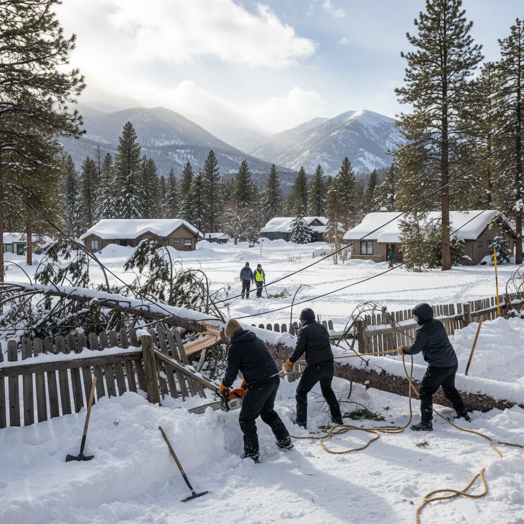 People clearing snow with shovels in a mountain village, cabins and pine trees in the background.