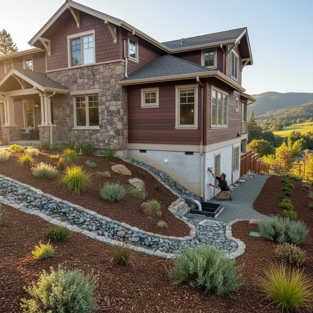 Modern house with stone and wood siding, landscaped hillside yard, and mountains in the background