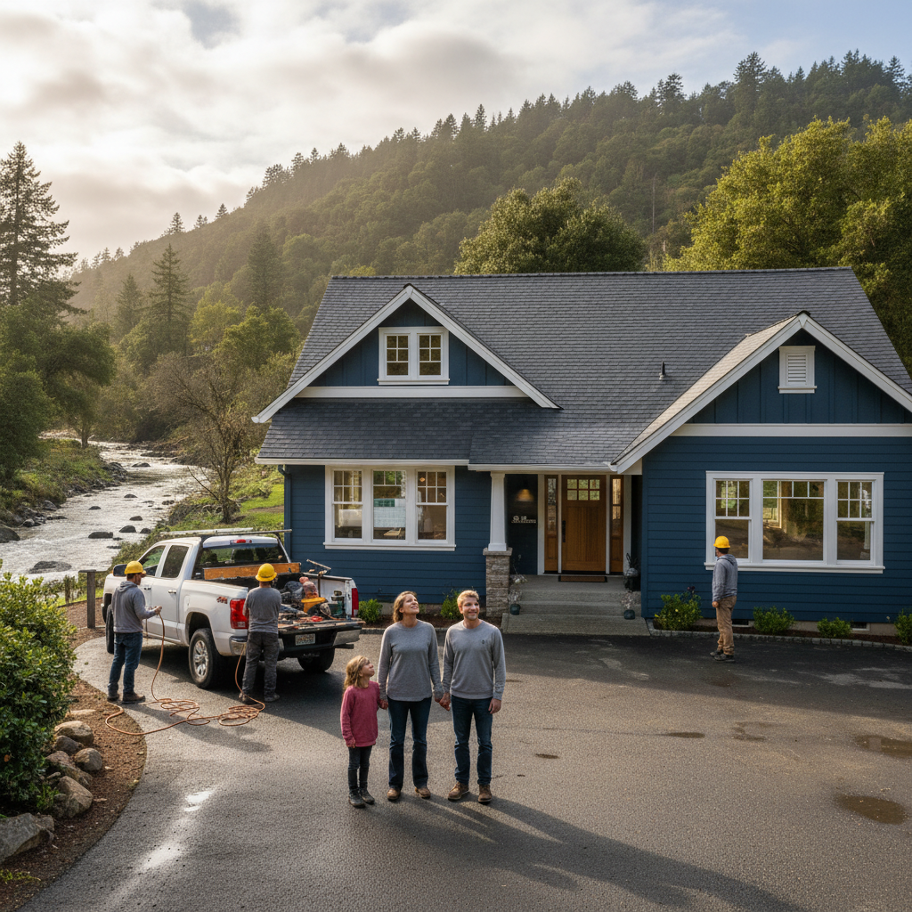 Family standing outside a blue mountain cabin with a white SUV by a river and forested hills.