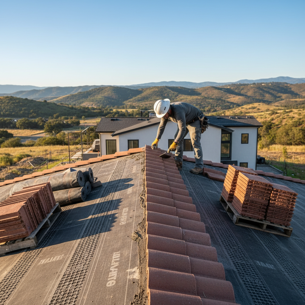 Worker installing roof tiles on a house roof with mountains in the background