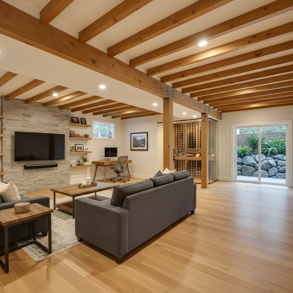 Modern living room with exposed wood beams, gray sofa, TV, and sliding glass doors to a patio
