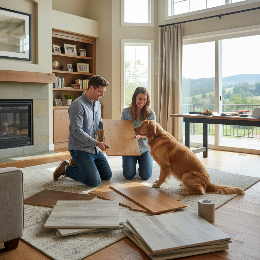Couple kneeling on living room floor unpacking boxes with a golden retriever beside them