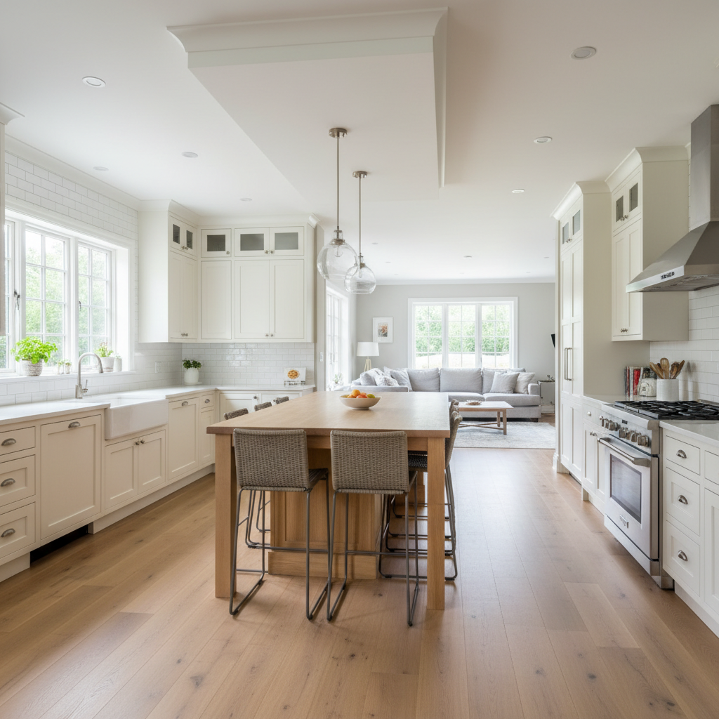 Bright, modern white kitchen with island, stainless appliances, and large windows opening to a living area
