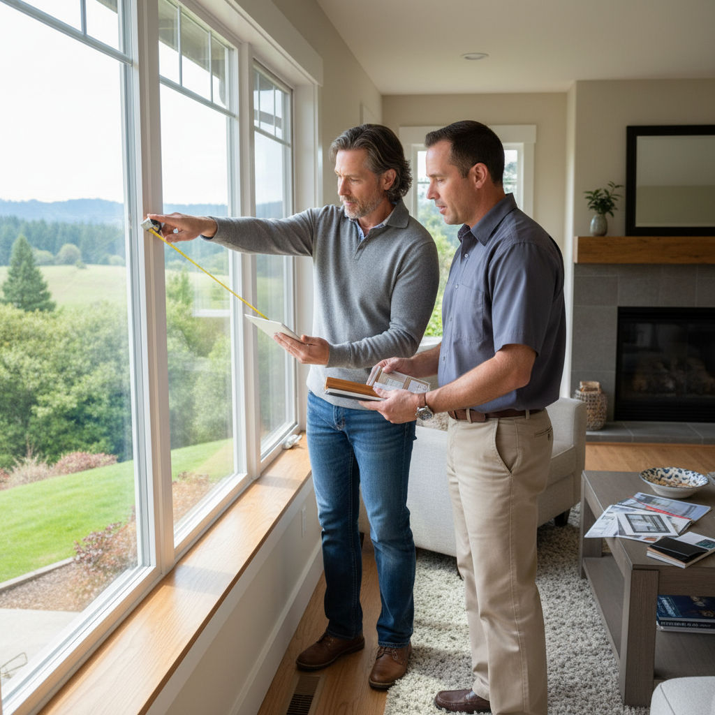 Two men discussing window placement in a bright living room with a view of green hills