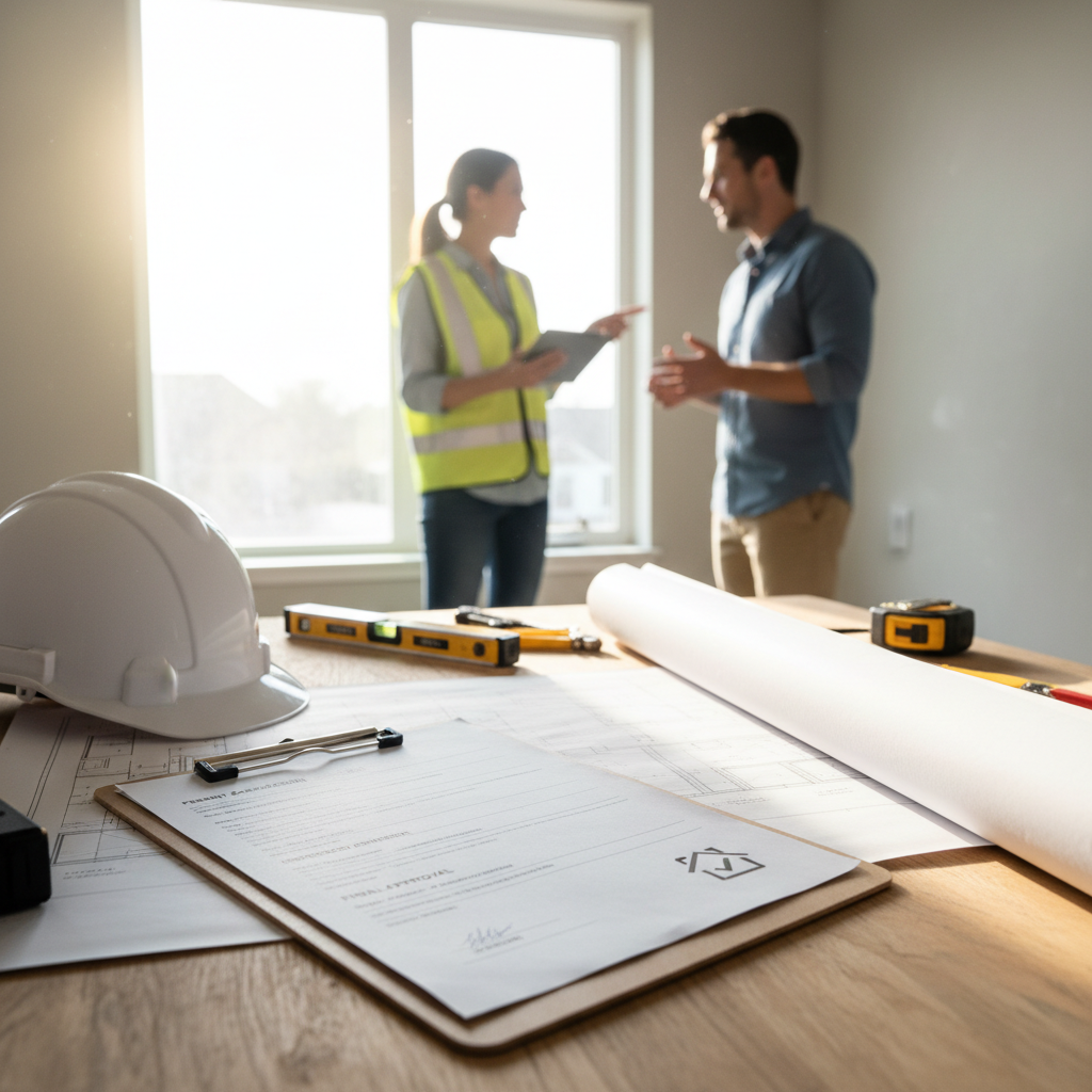 Construction site planning meeting beside blueprints, hard hat, and tools on a table with daylight through window
