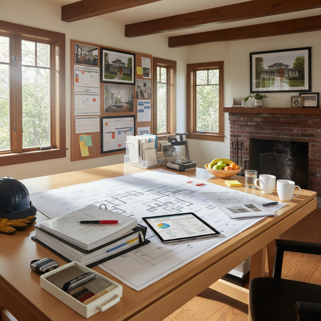 Sunlit home office with drafting plans, notebook, computer, and brick fireplace by large windows