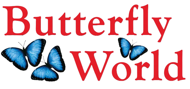 A logo for butterfly world with blue butterflies on it