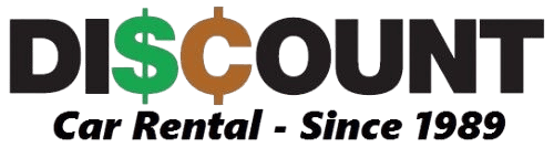 A logo for discount car rental since 1989 on a white background.