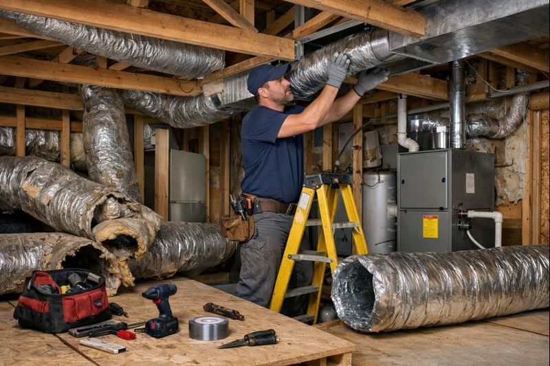 Professional HVAC technician installing new flexible air ductwork in a home attic.
