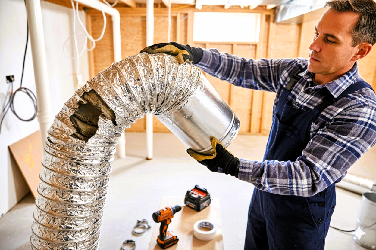 Technician replacing damaged flexible air duct with new ductwork