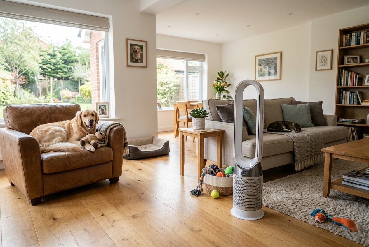 Living room with a golden retriever and a HEPA air filter for pet dander removal.