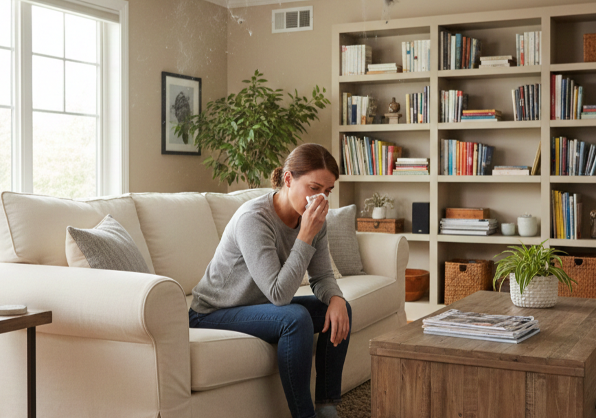 Woman sneezing in dusty room due to allergens from dirty air ducts.