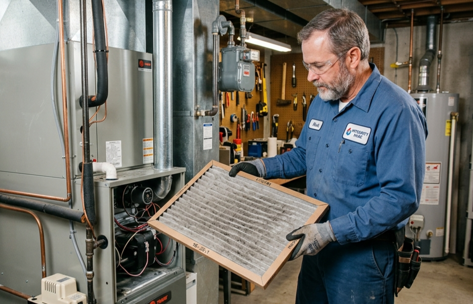 HVAC tech holding a dirty disposable air filter for replacement.