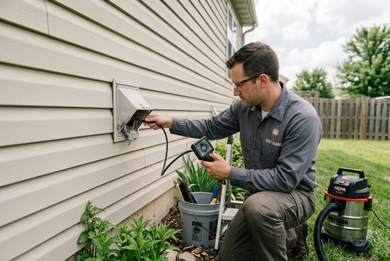 Technician inspecting an external dryer vent with a camera scope.