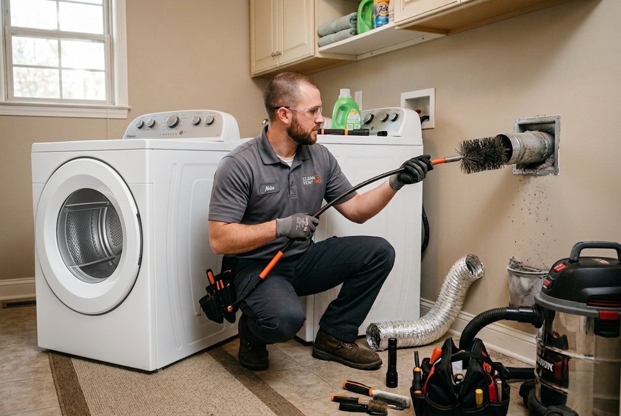 Technician cleaning lint from a dryer vent in West Michigan.