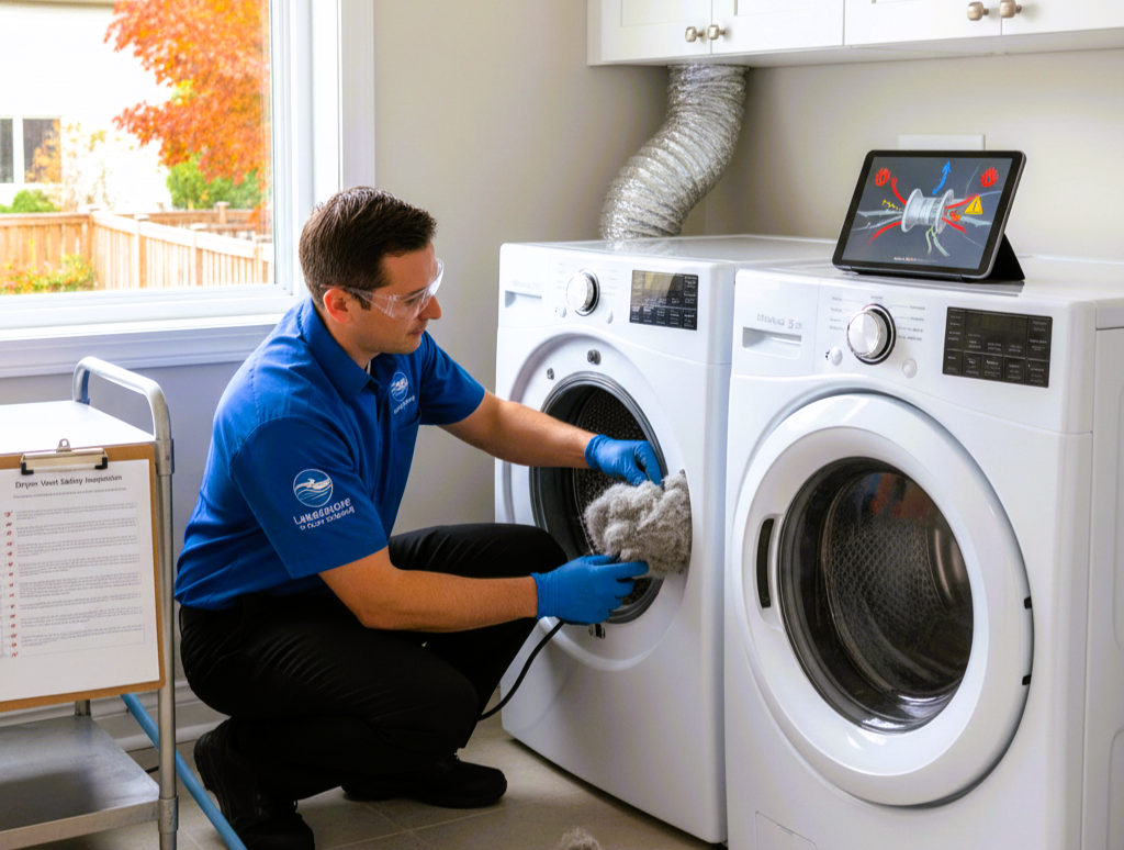 Technician cleaning lint from dryer vent