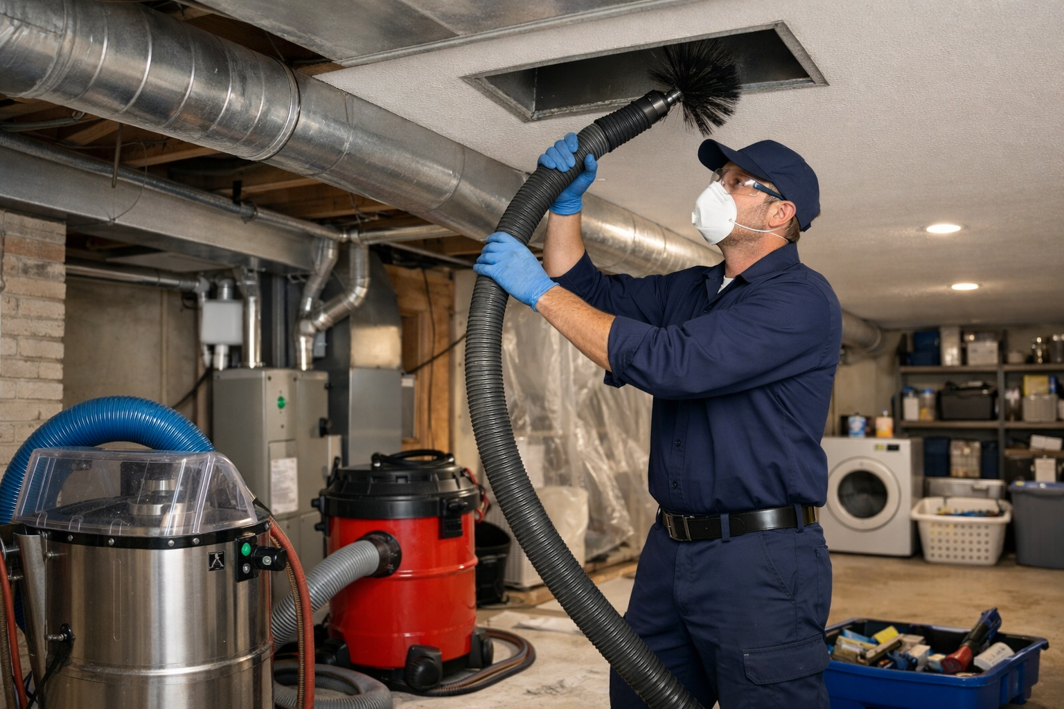 HVAC technician in protective gear performing professional air duct cleaning and sanitization.
