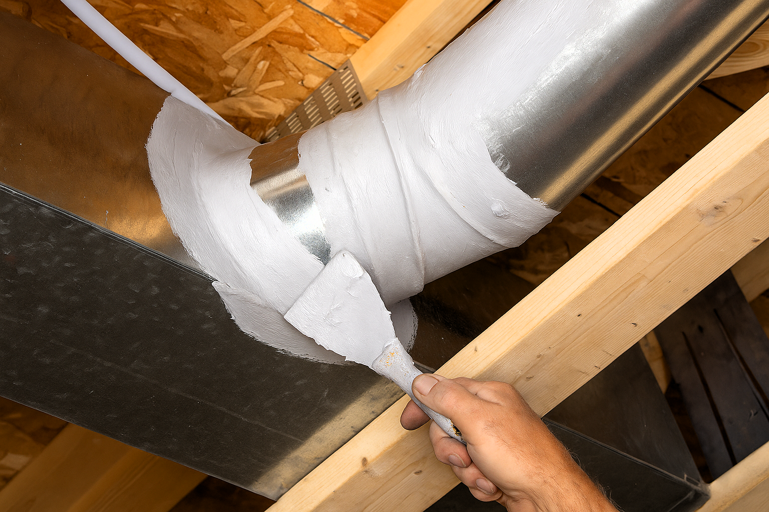 Technician sealing HVAC duct joints with mastic to prevent air leaks and improve energy efficiency