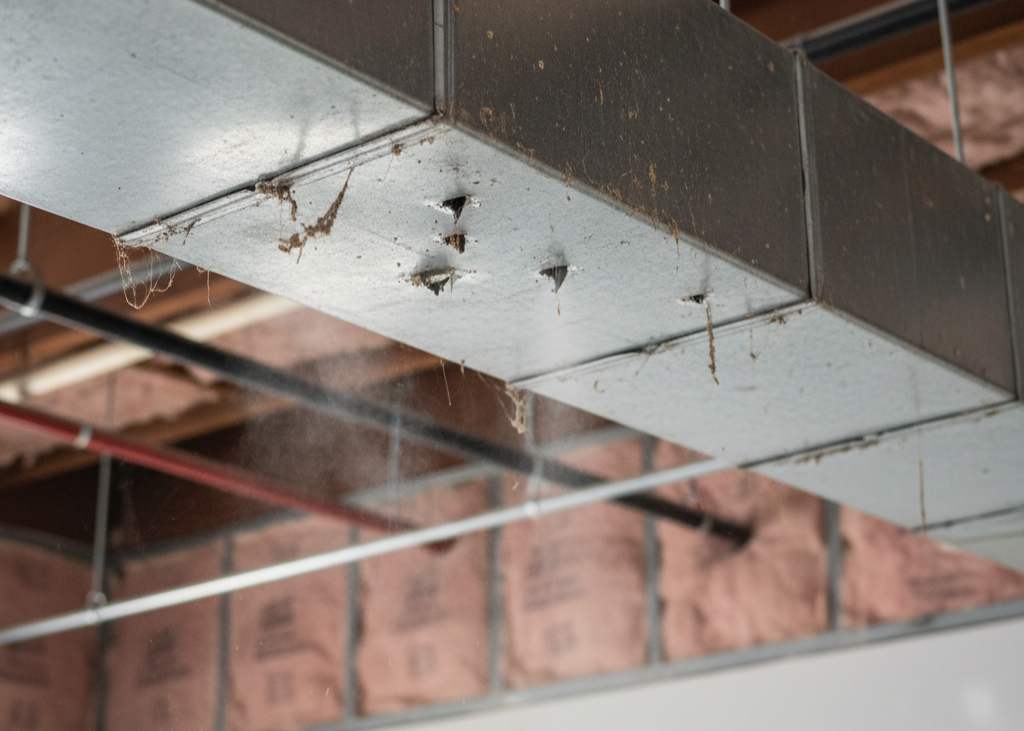 Dust and dirt leaking from seams and holes in dirty, exposed HVAC ductwork.