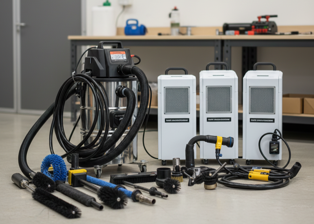 Professional duct cleaning equipment, including a HEPA vacuum, air scrubbers, and various brushes.