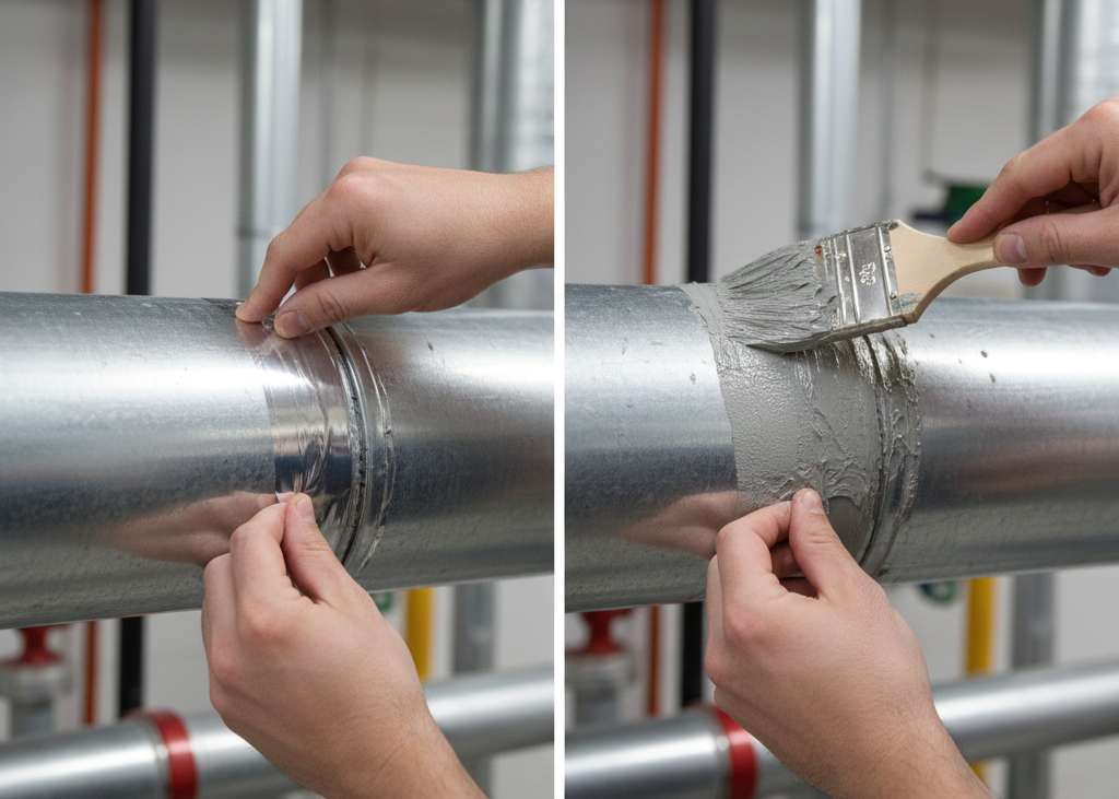 Sealing metal HVAC duct seams with foil tape and mastic