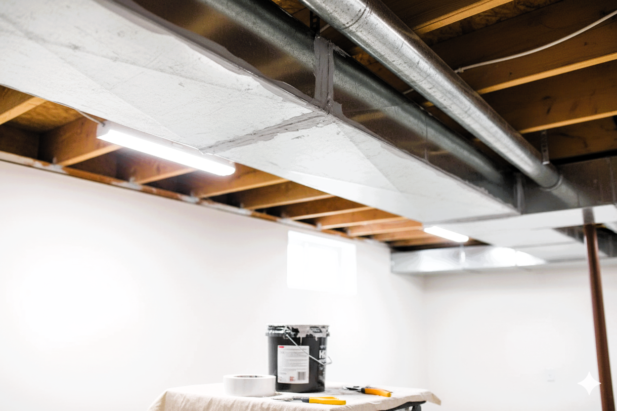 Sealed HVAC air ducts with mastic sealant in basement.