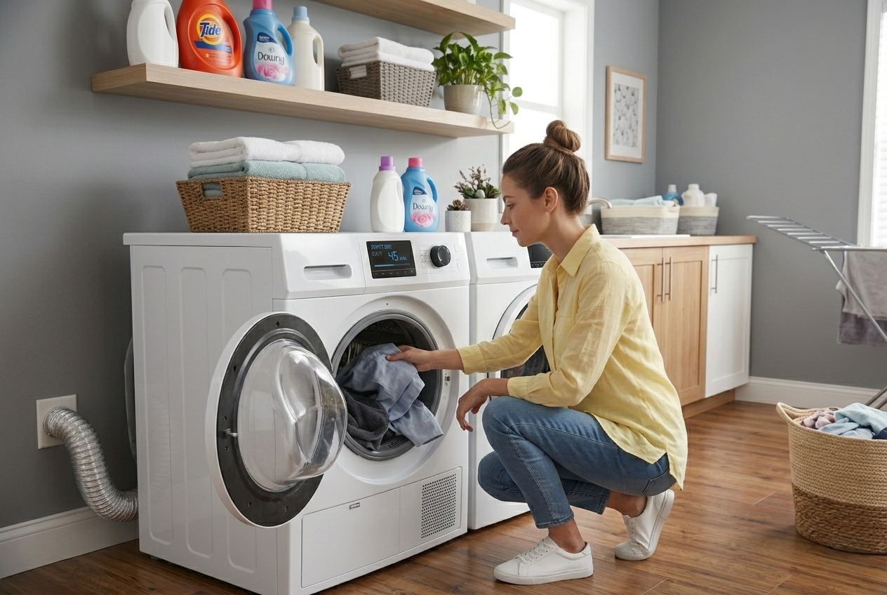 Homeowner loading a smart dryer while a clogged, dusty vent hose remains unmonitored.