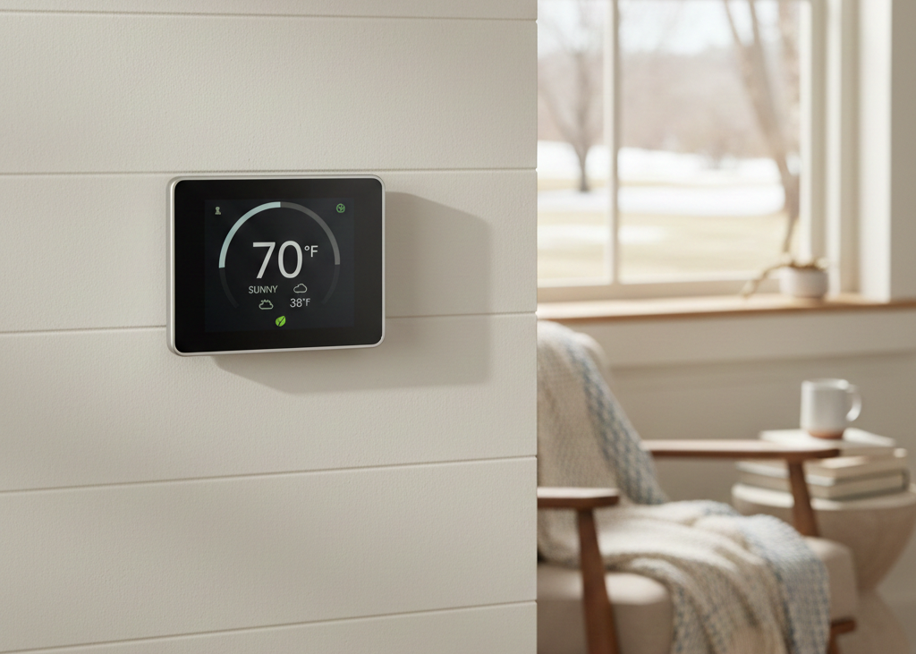 Smart thermostat installed as an HVAC upgrade in a West Michigan home