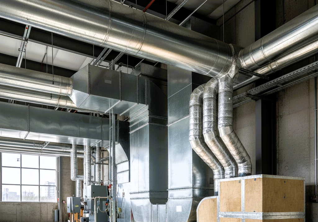 Different types of HVAC ductwork in a commercial building