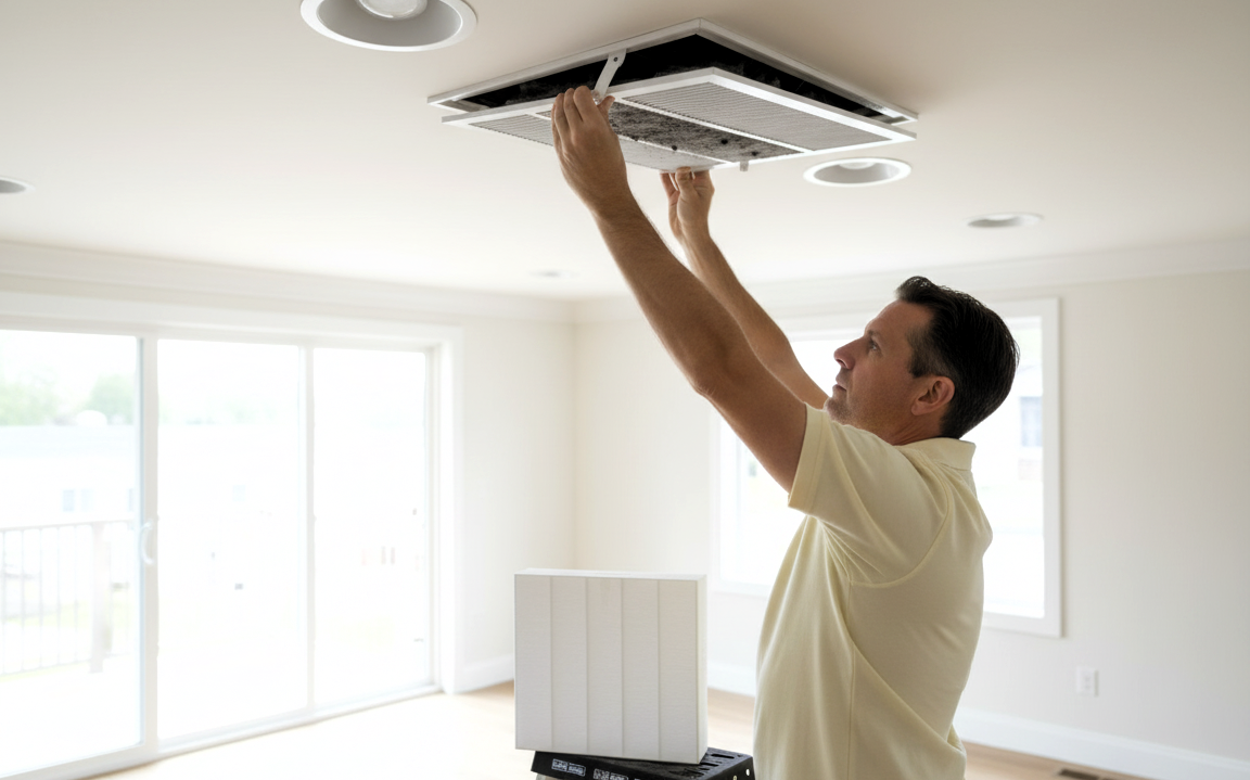 Man upgrading HVAC air filter for cleaner air and lower energy bills in West Michigan