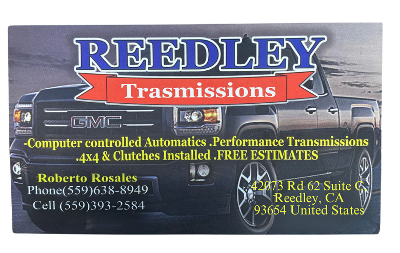 A business card for reedley transmissions shows a gmc truck