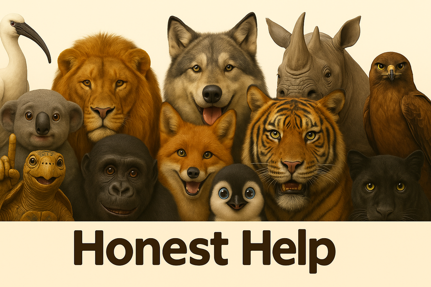 A group of animals standing next to each other with the words honest help written below them.
