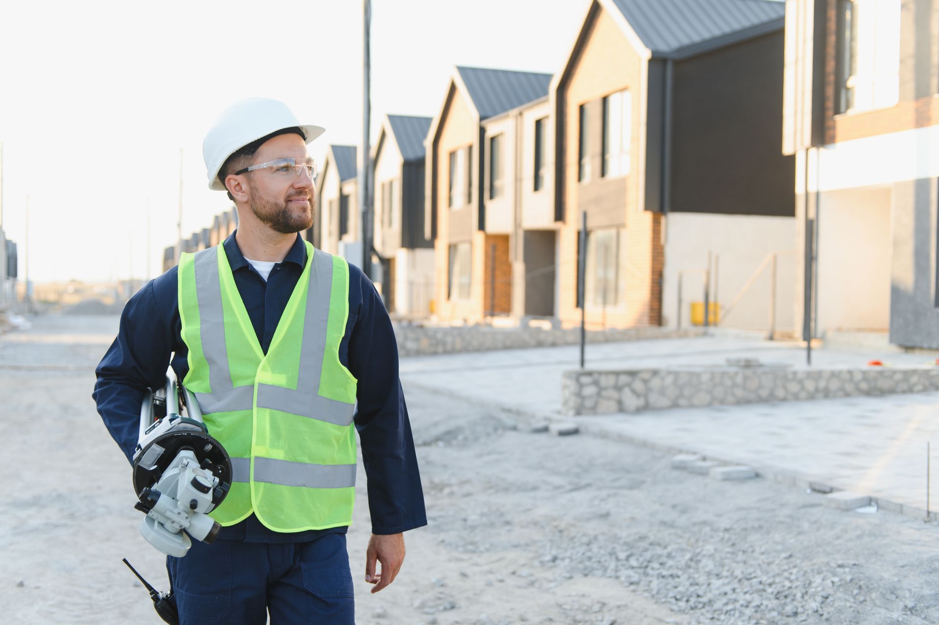 Construction worker holding surveying equipment on site.