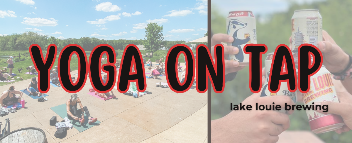 Yoga class outdoors with beers, overlaid text reading “YOGA ON TAP” and “Lake Louie Brewing”
