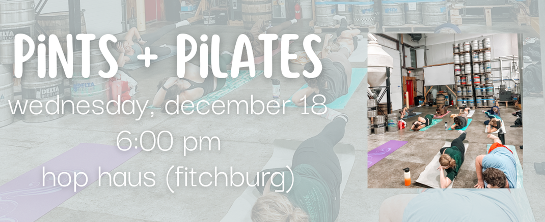 Event banner for Pints and Pilates on Wednesday, December 18 at 6:00 PM at Hop Haus